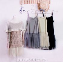 ES OLIVE公主蕾丝双层网纱吊带打底连衣裙打