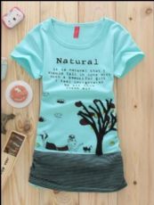 厂家直销韩版休闲摆围褶皱秋天落叶绣花短袖T