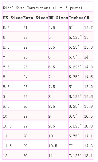 美国儿童鞋码对照表和中国儿童鞋子尺码对照表